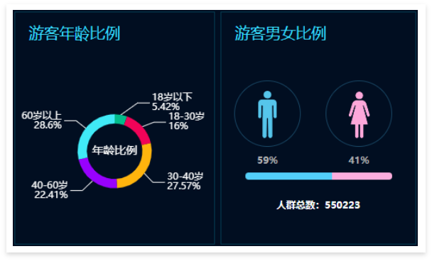 景區票務系統數據大屏：游客年齡比例、男女比例